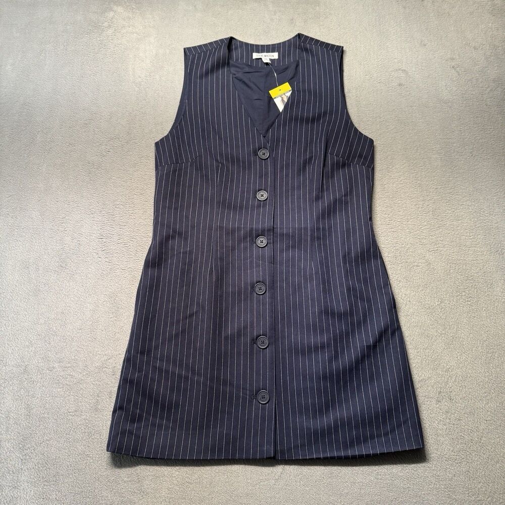 Steve Madden Womens M Pinstripe Dress Navy Sleeveless Button Front Stretch NWT